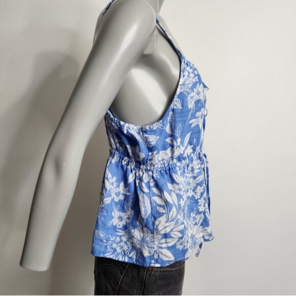 C&C California Flower Print Blue Linen Peplum Waist Tank Top Size XL NWOT - Picture 8 of 12